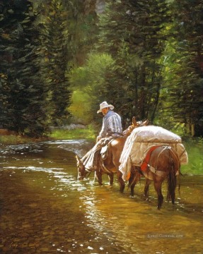 Cowboy und Pferd in Strom Ölgemälde